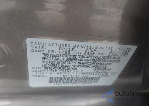 2015 Nissan Versa 1.6 S+ z USA, uszkodzony, nr VIN 3N1CN7AP2FL901839